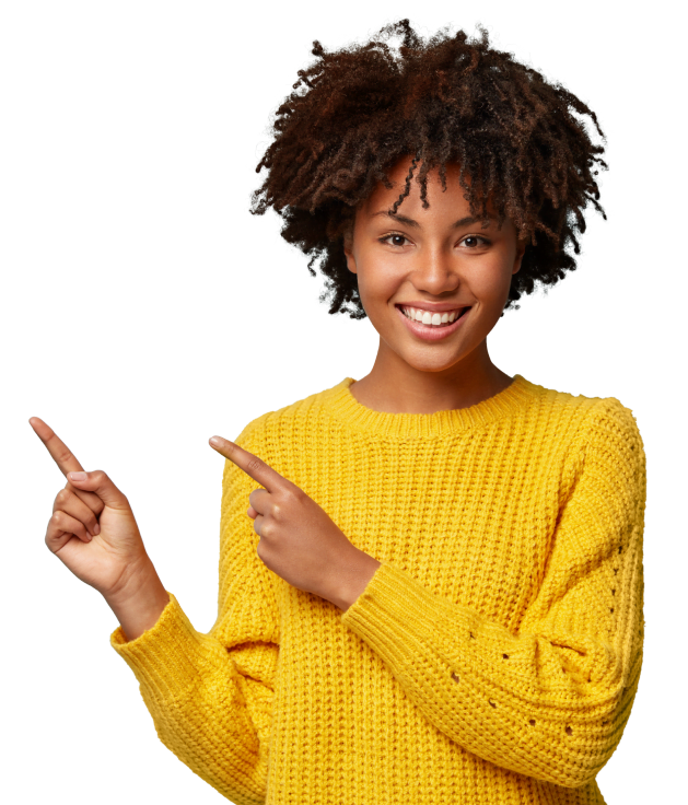 A woman smiling and pointing with both hands up and to her right.