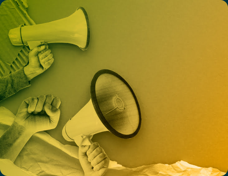 Two hands, each holding a megaphone and a third hand in a closed fist to represent the impact of Performance PR services.