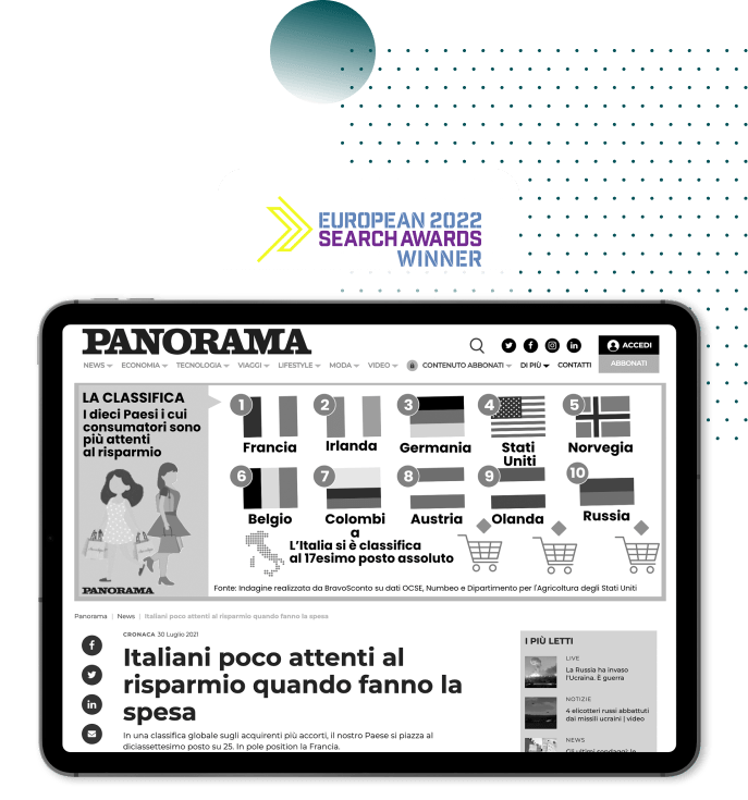 A tablet screen displaying coverage of the award-winning Bravo Savings Network Smart Shopper campaign on Italian news site, Panorama.